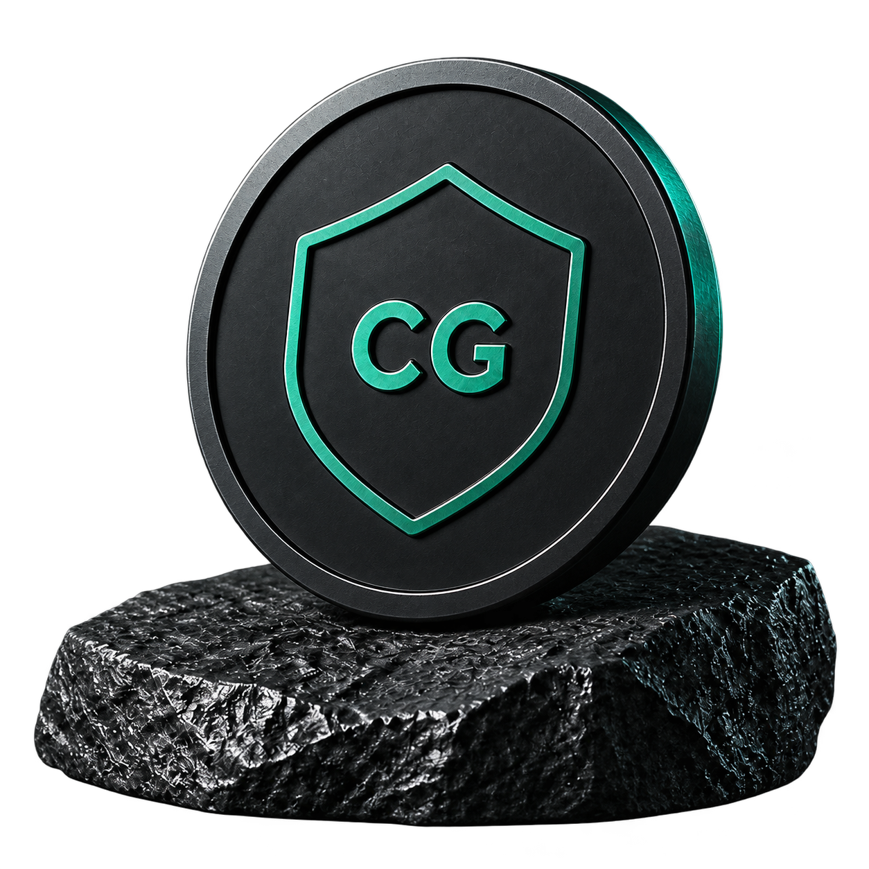 Фирменная монета Студии ChatGuard: щит CG на скале